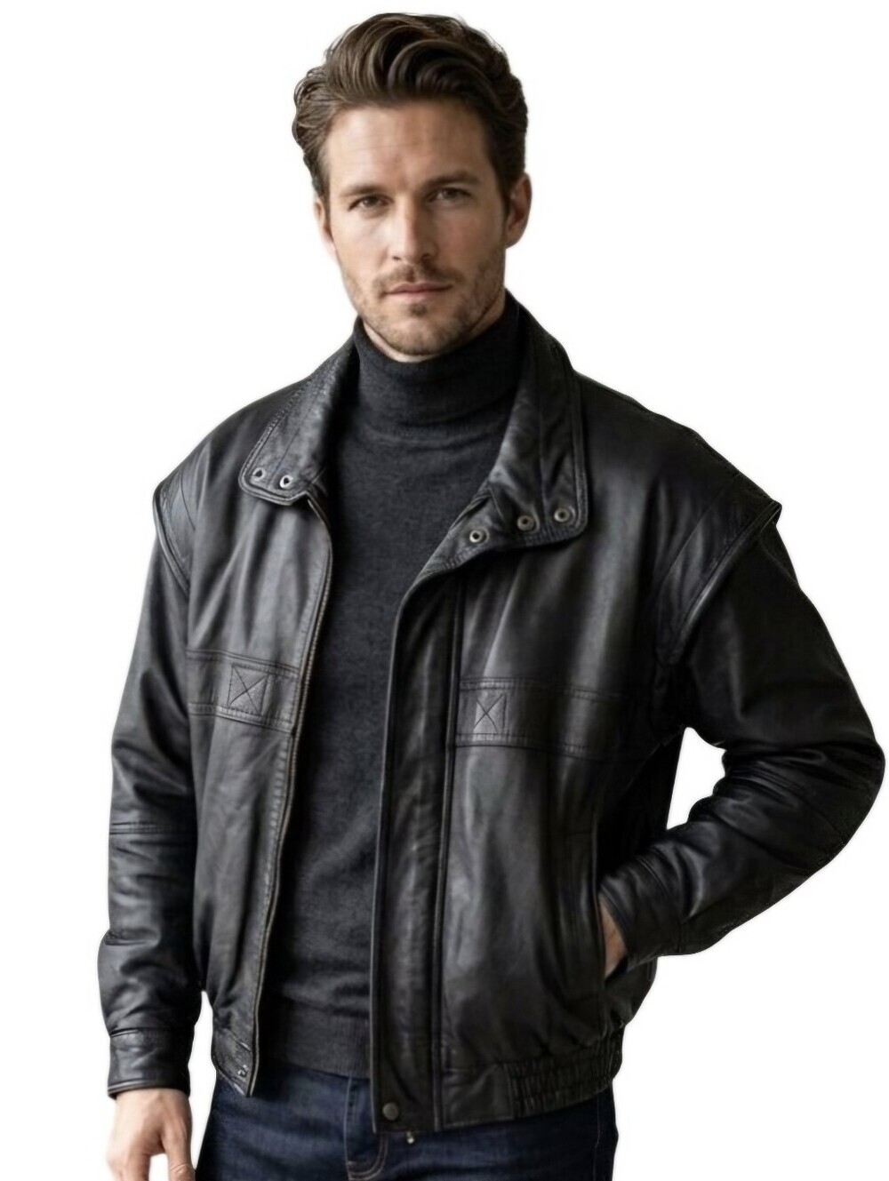 Phase 2 Vintage Black Leather Bomber Jacket Size XL